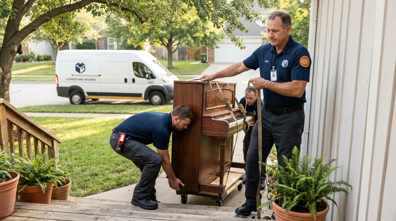Licensed piano movers securing grand piano in Sumner, IL