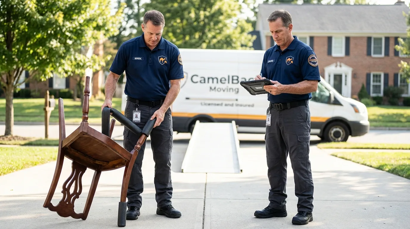 Movers inspecting furniture for damage prevention before loading in Sumner, IL